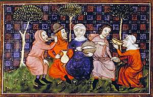 Repas paysans au Moyen Âge, enluminure du XVe siècle.